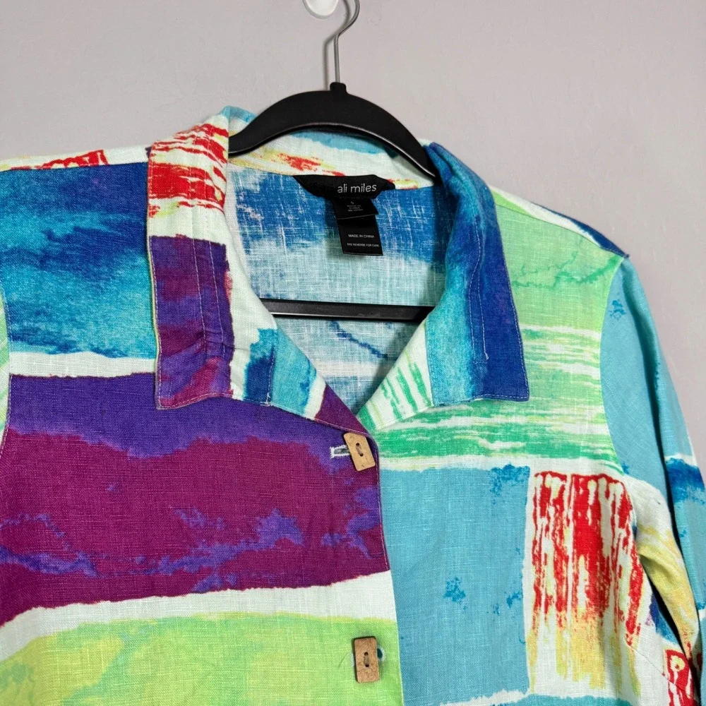 Ali Miles Small Multicolor Linen Button Up Abstract Print Button Front Shirt - Picture 3 of 6